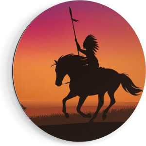 Artaza Dibond Muurcirkel Silhouet van een Indiaan op een Paard - Ø 90 cm - Groot - Wandcirkel - Rond Schilderij - Voor Binnen en Buiten