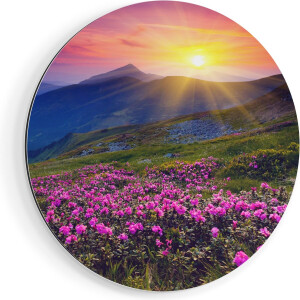 Artaza Dibond Muurcirkel Roze Rhododendron Bloemenveld - Bergen - Ø 40 cm - Klein - Wandcirkel - Rond Schilderij - Voor Binnen en Buiten