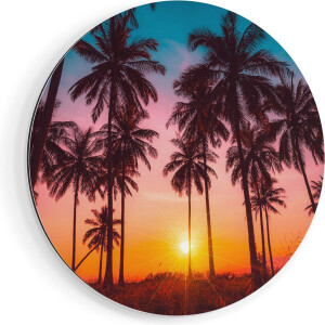Artaza Dibond Muurcirkel Palmbomen op het Strand bij Zonsondergang - Ø 60 cm - Wandcirkel - Rond Schilderij - Voor Binnen en Buiten