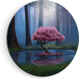 Artaza Dibond Muurcirkel Roze Boom Op Een Vijver In De Nacht - Ø 50 cm - Klein - Wandcirkel - Rond Schilderij - Voor Binnen en Buiten