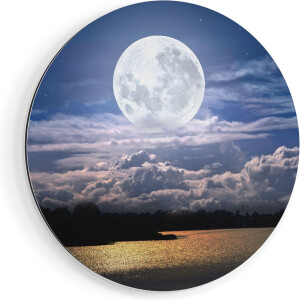 Artaza Dibond Muurcirkel Volle Maan bij het Water - Ø 90 cm - Groot - Wandcirkel - Rond Schilderij - Voor Binnen en Buiten
