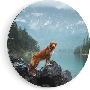 Artaza Dibond Muurcirkel Retriever Hond Bij Het Water In De Bergen - Ø 40 cm - Klein - Wandcirkel - Rond Schilderij - Voor Binnen en Buiten