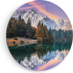 Artaza Dibond Muurcirkel Meer Met Weerspiegeling Van De Bergen - Ø 40 cm - Klein - Wandcirkel - Rond Schilderij - Voor Binnen en Buiten