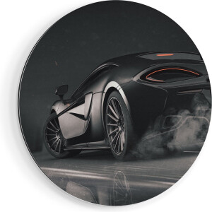 Artaza Dibond Muurcirkel Zwarte Sportwagen Auto Nabij Een Stad - Ø 50 cm - Klein - Wandcirkel - Rond Schilderij - Voor Binnen en Buiten