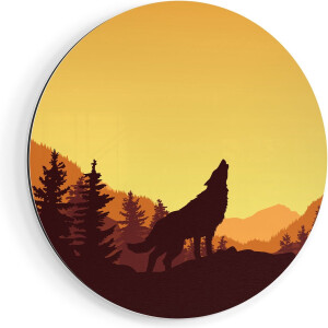 Artaza Dibond Muurcirkel Silhouet Van Een Wolf In Het Bos - Abstract - Ø 60 cm - Wandcirkel - Rond Schilderij - Voor Binnen en Buiten