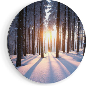 Artaza Dibond Muurcirkel Bos Met Sneeuw Tijdens De Zonsondergang - Ø 60 cm - Wandcirkel - Rond Schilderij - Voor Binnen en Buiten