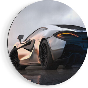 Artaza Dibond Muurcirkel Zilveren Sportwagen Auto Bij Zonsondergang - Ø 40 cm - Klein - Wandcirkel - Rond Schilderij - Voor Binnen en Buiten