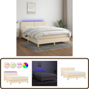 vidaXL Boxspring met LED - crème - 140x200 cm Boxspring Bed - Creme Bed - Verstelbare Hoofdbord - Led Verlichting - Pocketvering Matras