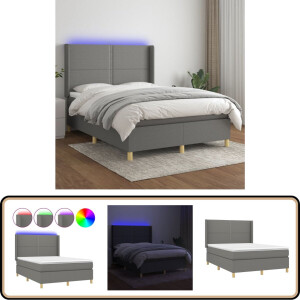 vidaXL Boxspring met matras en LED - 140x200 cm Boxspring Bed - Donkere Grijze Boxspring - Led Boxspring - Slaapcomfort - Pocketed Veren Matras