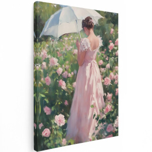 Artaza Canvas Schilderij Vrouw Met Bloemen - 60x80 cm - Wanddecoratie Roze Jurk - Muurdecoratie Rozentuin - Decoratie Romantisch