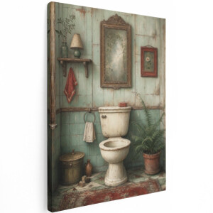 Artaza Canvas Schilderij Vintage Toilet - Groene Badkamersfeer - 60x80 cm - Wanddecoratie Woonkamer - Schilderijen - Muurdecoratie