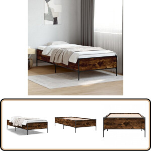 vidaXL - Bedframe - bewerkt - hout - en - metaal - gerookt - eikenkleurig - 90x200 - cm
