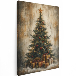 Artaza Canvas Schilderij Kerstboom Met Cadeaus - Vintage Kerstsfeer - 30x40 cm - Klein - Wanddecoratie Woonkamer - Schilderijen - Muurdecoratie
