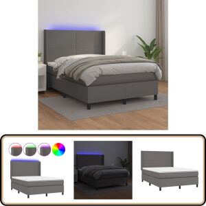 vidaXL Boxspring met LED 140x200 cm Grijs Boxspring Bed - Grijs Boxspring - Leder Look Bed - Led Boxspring - Boxspring Met Matras