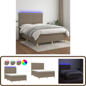 vidaXL Boxspring met LED en Matras - Taupe 140x200cm Boxspring Bed - Led Bed - Pocketed Spring Mattress - Taupe Bed - Slaapcomfort