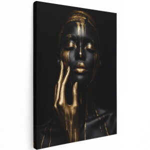 Artaza Canvas Schilderij Vrouw - Abstract Portret - Zwart en Goud - 90x120 cm - Groot - Wanddecoratie Woonkamer - Schilderijen - Muurdecoratie