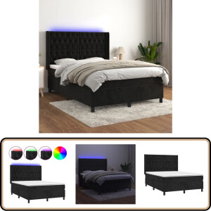 vidaXL Boxspring - LED - Fluweel Zwart - 140x190 cm Boxspring Bed - Fluweel Bed - Verstelbare Hoofdbord - Led Lampen - Pocketvering Matras