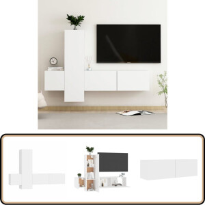 vidaXL Tv-meubelset - 3-delig - Bewerkt hout - Wit Tv-meubel - Televisiescherm - Salontafel - Woonkamerinrichting - Houten Meubilair