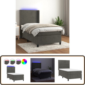 vidaXL Boxspring met LED en Matras - Donkergrijs - 80x200 cm Boxspring Bed - Fluweel Bed - Led Bed - Pocketveer Matras - Tweepersoons Bed