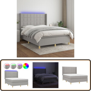 vidaXL Boxspring met LED - 140x190 cm - Lichtgrijs Boxspring - Led Lamp - Pocketed Spring Mattress - Slaapcomfort - Grijs Bed