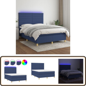 vidaXL Boxspring - Blauw - 140x200 cm - Inclusief LED Boxspring - Led Bed - Blauwe Boxspring - Pocketveer Matras - Slaapcomfort