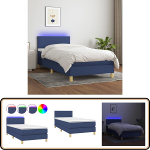 vidaXL Boxspring met LED - Blauw - 90x190 cm Boxspring Bed - Slaapcomfort - Led Verlichting - Verstelbare Hoofdbord - Pocketvering Matras