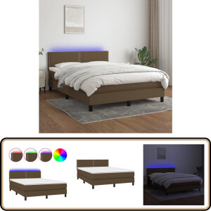 vidaXL Boxspring met matras en LED - 140x190 cm - Bruin Boxspring - Boxsprings - Bed Frame - Tweepersoonsbed - Lederlook
