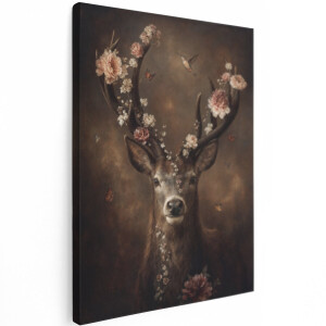 Artaza Canvas Schilderij Hert Met Bloemen - Natuur - Vintage - 90x120 cm - Groot - Wanddecoratie Woonkamer - Schilderijen - Muurdecoratie