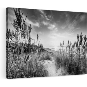 Artaza Canvas Schilderij Strand en Zee vanuit Duinen met Zonsondergang - Zwart Wit - 120x80 cm - Groot - Wanddecoratie Woonkamer - Schilderijen - Muurdecoratie