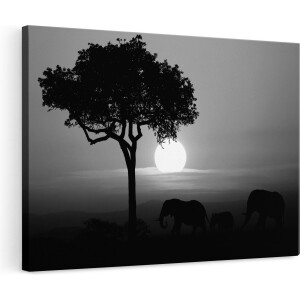 Artaza Canvas Schilderij Olifanten Familie bij Zonsondergang - Olifant - Zwart Wit - 120x80 - Groot - Foto Op Canvas - Wanddecoratie
