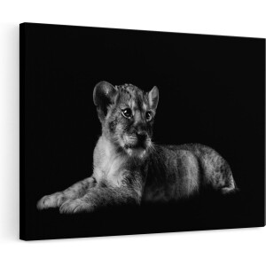 Artaza Canvas Schilderij Leeuwen Welp op het Zwart - Baby Leeuw - Zwart Wit - 120x80 - Groot - Foto Op Canvas - Wanddecoratie
