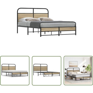 vidaXL Houten Bed - Bedframe - Bedframe zonder matras bewerkt hout gerookt eiken 135x190 cm - Bedkast - Slaapkamerr - Kingsize Bed
