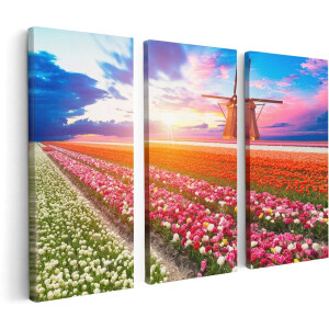 Artaza Canvas Schilderij Drieluik Kleurrijke Bloemenveld Met Een Windmolen - 120x80 - Foto Op Canvas - Canvas Print
