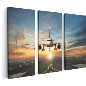 Artaza Canvas Schilderij Drieluik Vliegtuig Met Een Landing Op De Luchthaven - 120x80 - Foto Op Canvas - Canvas Print