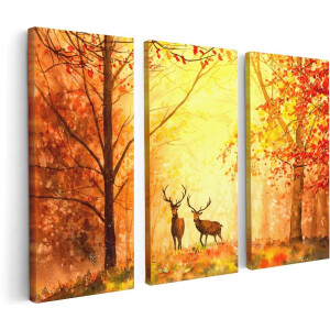 Artaza Canvas Schilderij Drieluik Getekende Herten In Het Bos - Herfst - 120x80 cm - Wanddecoratie Woonkamer - Schilderijen - Muurdecoratie