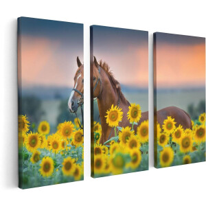 Artaza Canvas Schilderij Drieluik Bruin Paard Tussen De Zonnebloemen - 120x80 - Foto Op Canvas - Canvas Print