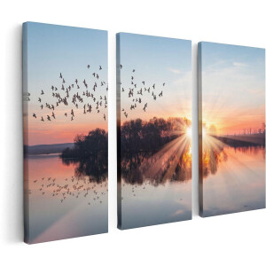 Artaza Canvas Schilderij Drieluik Groep Vogels Boven De Meer Met Zonsondergang - 120x80 - Foto Op Canvas - Canvas Print