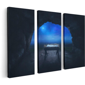 Artaza Canvas Schilderij Drieluik Kribbe in een Grot onder de Ster Van Bethlehem - 120x80 - Foto Op Canvas - Canvas Print