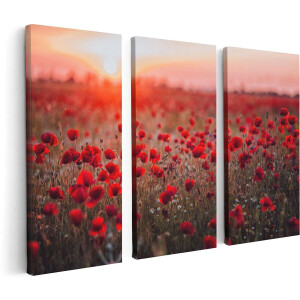 Artaza Canvas Schilderij Drieluik Rode Klaprozen Bloemenveld Zonsondergang - 120x80 cm - Wanddecoratie Woonkamer - Schilderijen - Muurdecoratie