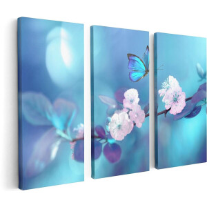 Artaza Canvas Schilderij Drieluik Blauwe Vlinder Bij Een Roze Bloem - 120x80 cm - Wanddecoratie Woonkamer - Schilderijen - Muurdecoratie