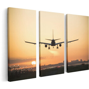 Artaza Canvas Schilderij Drieluik Vliegtuig Landt Tijdens Zonsondergang - 120x80 - Foto Op Canvas - Canvas Print