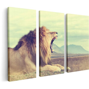 Artaza Canvas Schilderij Drieluik Brullende Leeuw - 120x60 - Foto Op Canvas - Canvas Print