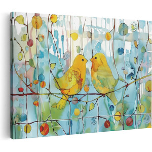 Artaza Canvas Schilderij Vogels - 90x60 cm - Wanddecoratie Abstract - Muurdecoratie Bloemen - Schilderijen Op Canvas