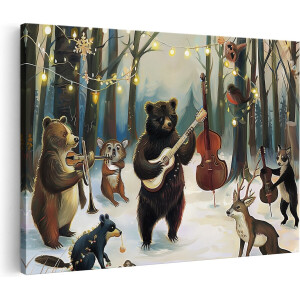 Artaza Canvas Schilderij Dieren Muziekband - 120x80 cm - Groot - Wanddecoratie Kerst - Muurdecoratie Beer - Schilderijen Op Canvas Bos