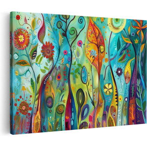 Artaza Canvas Schilderij Kleurrijk Abstract Kunstwerk van Bloemen en Bomen - 90x60 cm - Wanddecoratie Woonkamer - Schilderijen - Muurdecoratie
