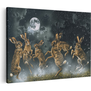 Artaza Canvas Schilderij Konijnen Bij Volle Maan - 90x60 cm - Wanddecoratie Dieren - Muurdecoratie Nacht - Schilderijen Op Canvas