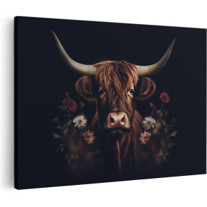 Artaza Canvas Schilderij Koe met Hoorns en Bloemen - 120x80 - Groot - Foto Op Canvas - Canvas Print