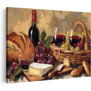 Artaza Canvas Schilderij Wijn Brood en Kaas - 60x40 cm - Wanddecoratie Woonkamer - Schilderijen - Muurdecoratie