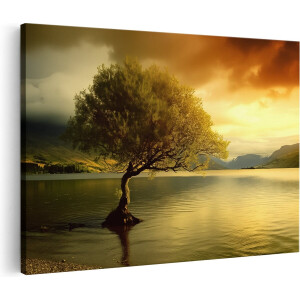 Artaza Canvas Schilderij Eenzame Boom aan een Meer - Landschap - 60x40 cm - Wanddecoratie Woonkamer - Schilderijen - Muurdecoratie