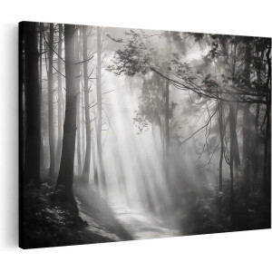 Artaza Canvas Schilderij Zwart Wit Mistig Bos - Landschap - 120x80 cm - Groot - Wanddecoratie Woonkamer - Schilderijen - Muurdecoratie